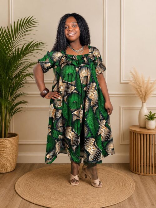 Green African Print Cotton Midi Dress | Ruffle Neckline, Pockets, Relaxed Fit